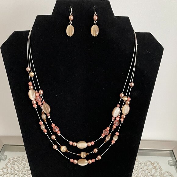 3 Strand Beaded Necklace and Earrings Set - Picture 1 of 5